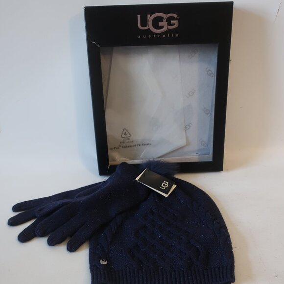NWT Womens Ugg Blue Metallic Peacot Wool Blend Hat and Glove Blime Gift Set OS - Picture 1 of 8